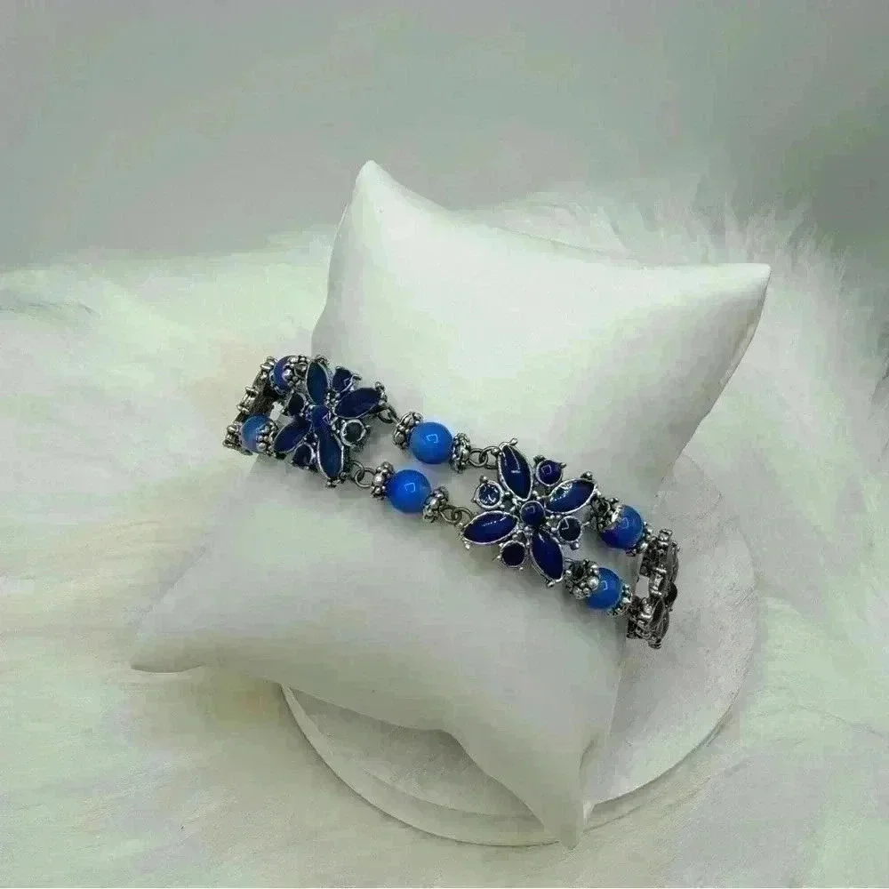 Blue Floral Statement Piece Bracelet